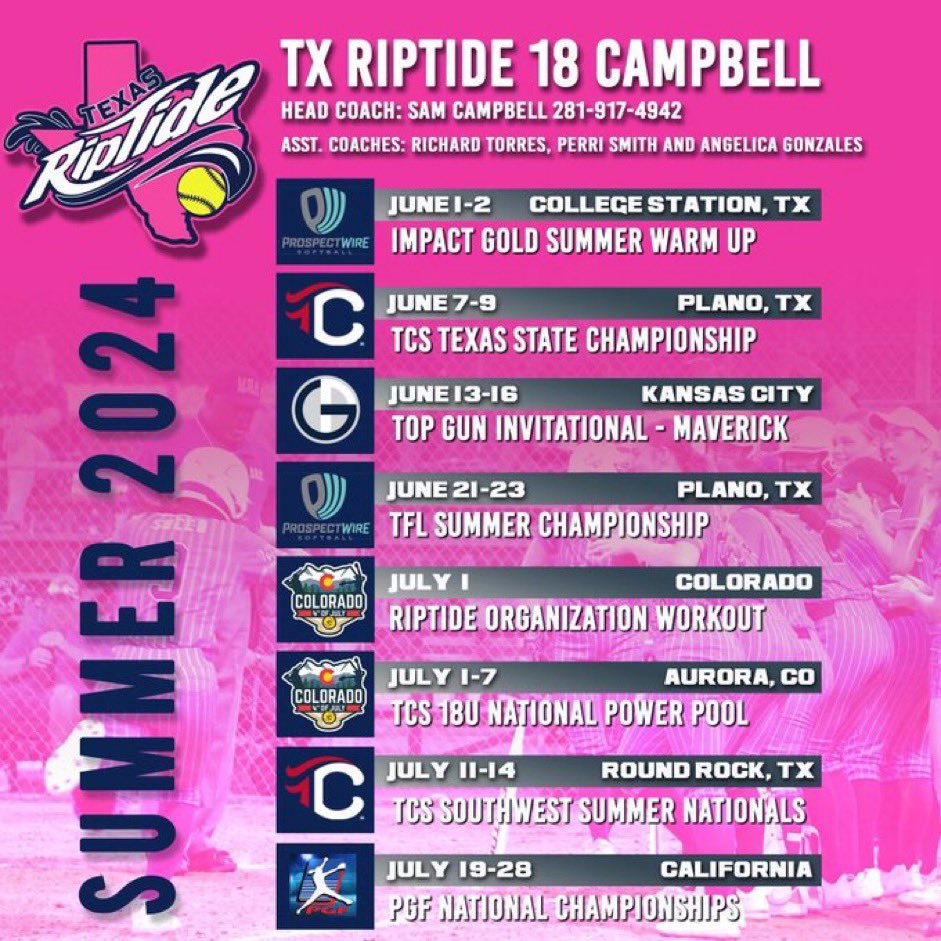 Summer schedule is out! @SamCamp50 @TxRiptide07 @TXRiptideCuyos @CoachRich4523 @lake_softball @ExtraInningSB @UCSDsoftball @BearkatsSB @TXStateSoftball @NSUDemonsSB @ArizonaSoftball