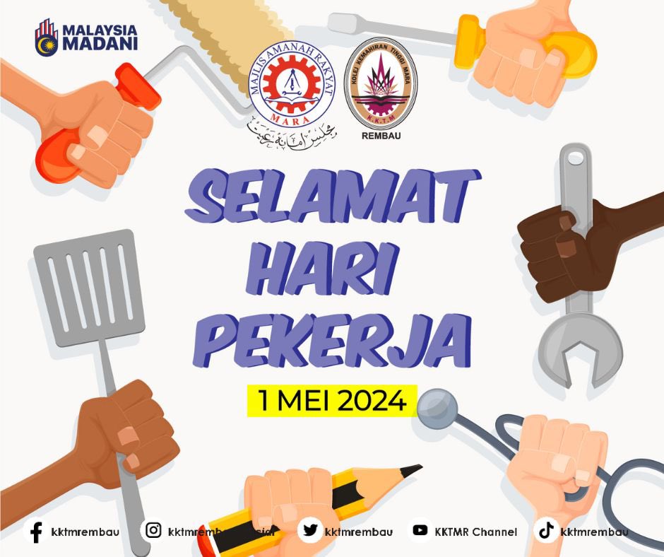 Selamat Hari Pekerja 2024.

#kktmrembau #kktmr #artdesigncollege #tvetmara #tvet #artanddesign #designcollege #designinstitute #futuredesigner #mara #majlisamanahrakyat #ipma #designskills
#creativeindustry #industrikreatif