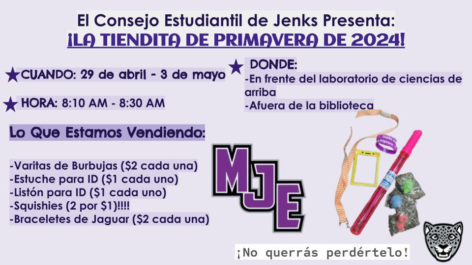 Our #mjejags Student Council is having a fundraiser this week called the Spring Shop!

Students can stop by one of the two locations (upstairs- outside the science lab &amp; downstairs- across from the library) from 8:10-8:30 am.