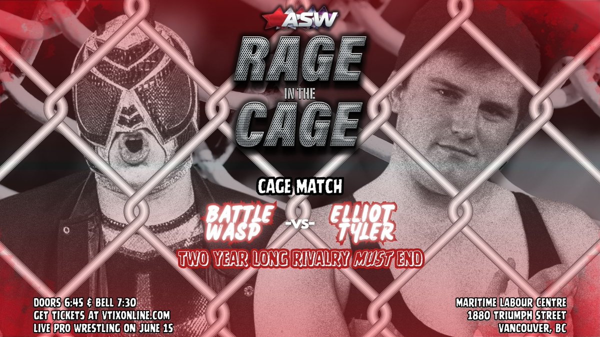 Some wars simply need to end with Rage... in a Cage... This one will end in everything but your memories, ASW fans Say hello to @BattleWasp2002 and @Ellieboy98 inside of a steel cage on June 15 in Vancouver! Not to be missed! vtixonline.com/all-star-wrest…