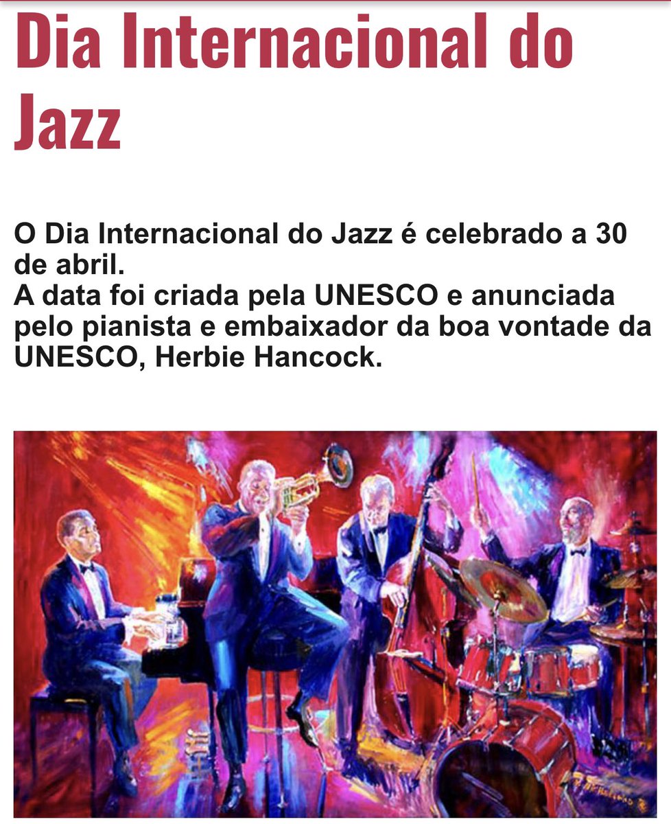 30 de Abril, dia internacional do jazz, um dos mais incríveis, elegantes e contagiantes estilos musicais. 

#JazzDay #DiaInternacionalDoJazz #Music #Música #Unesco #HerbieHancock #JazzPiano