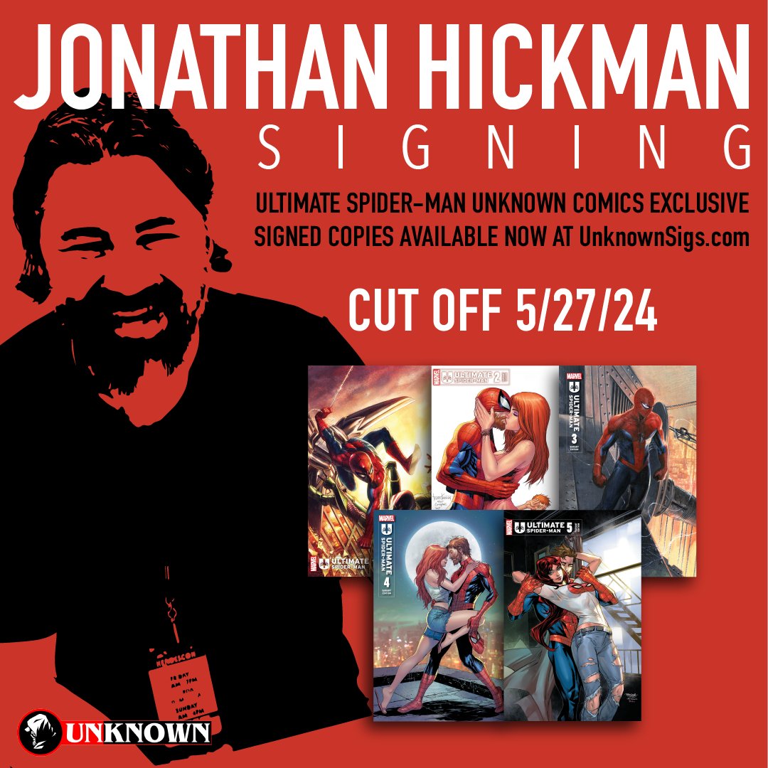 Spidey fans, web-sling over to UnknownSigs.com! Pre-order your Ultimate Spider-Man Exclusive & get it SIGNED by Jonathan Hickman! Limited time only, cut-off 5/27. #UltimateSpiderMan #Hickman #UnknownComics #Signing