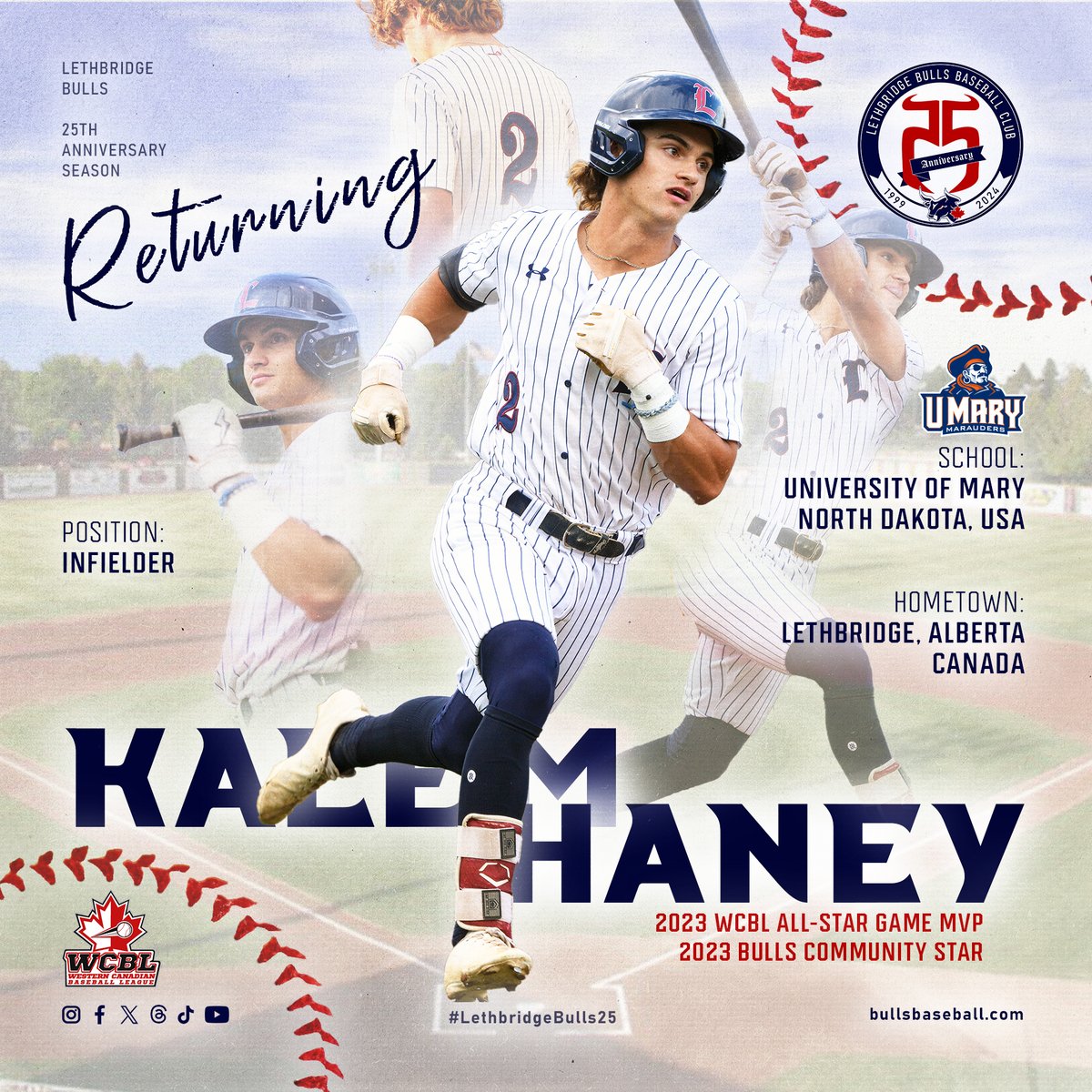 Congratulations to Kalem Haney for being named NSIC Baseball Player of the Week as he continues his fantastic spring season with @UmaryBaseball Learn more here: goumary.com/news/2024/4/30… @kalem_haney @wcbleague #LethbridgeBullsBaseball #LethbridgeBullsRoster #YQL