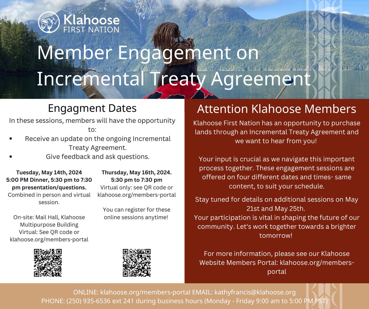 Attention Klahoose Members: Member Engagement ITA Event. You can register for these events online today May 14th, 2024 5:30 PM - 7:30 PM: zoom.us/webinar/regist… May 16th, 2024, 5:30 PM - 7:30 PM: zoom.us/webinar/regist…  #KlahooseFirstNationTreaty #KlahooseFirstNation #KFNEvent