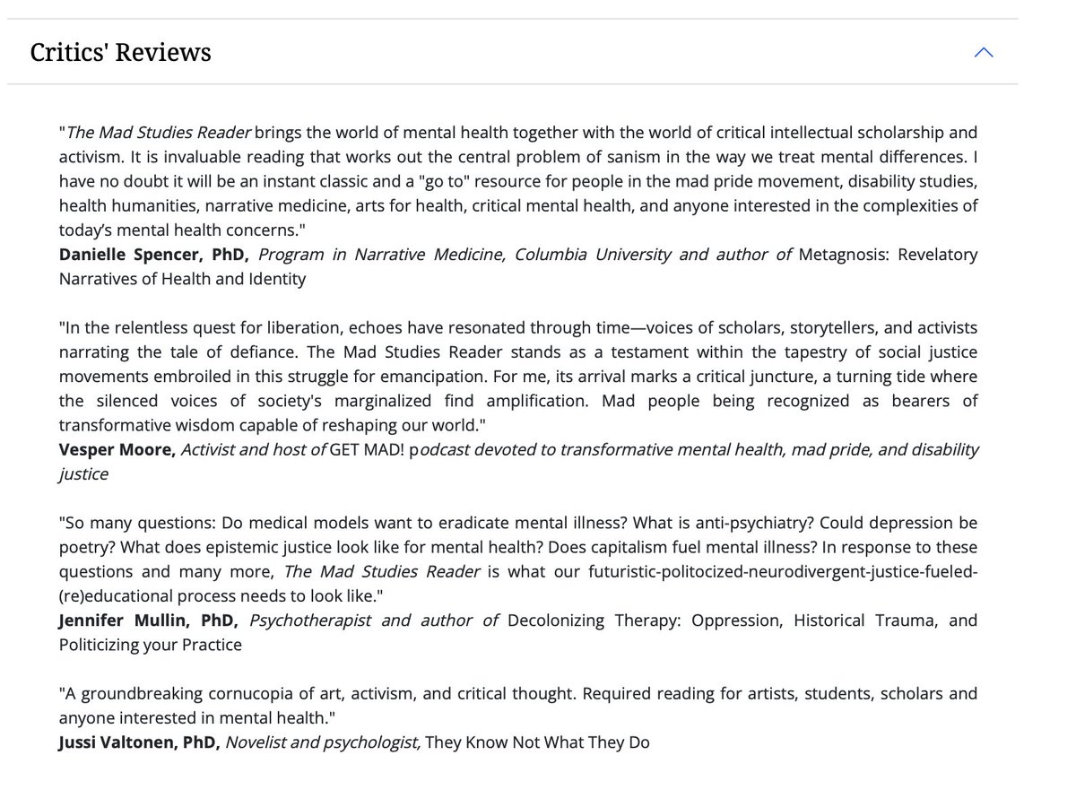 Head's up- I have written a provocative, creative chapter ('Mad Art Makes Sense') in this seminal work, the 'Mad Studies Reader: Interdisciplinary Innovations in Mental Health'. Released in September. Very proud to be included in it. Watch out! #madstudies routledge.com/Mad-Studies-Re…