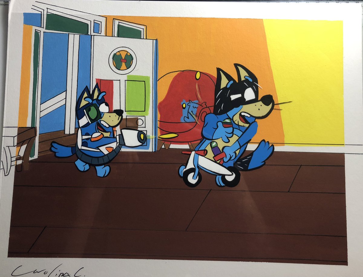 daffydork20's tweet photo. Haven’t done a bluey animation cel in a long time both the cel and bg was painted with cel vinyl paint inspired by pink panther bgs and off register comic colors trying out a new bg style #bluey #Blueysurprise #blueyheeler #BanditHeeler #blueytwt #animationcels #painting https://t.co/8s4uSPvLOf