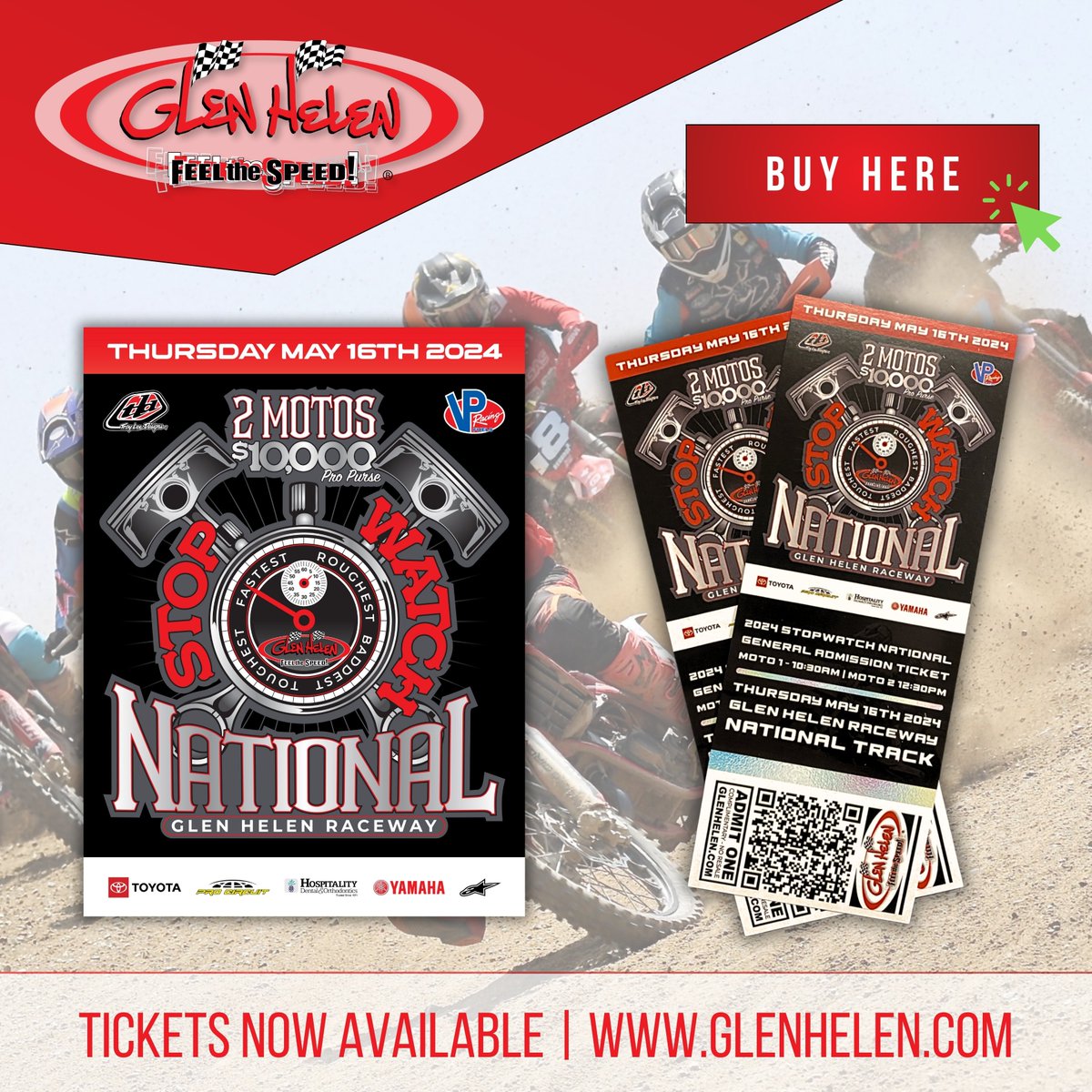 General Admission Tickets: Secure your spot trackside because G.A. spectator tickets are now available!

🎟️ General Admission / (Non-Pro) Practice: shorturl.at/bmzO3
🏍️ Professional Racer RSVP: shorturl.at/nsCFM

🏆 #StopwatchNational #GlenHelenRaceway #ProMotocross