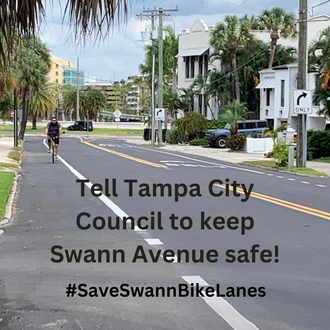 Bike lanes were recently added to Swann Ave between Bayshore and S. Boulevard. The city is now considering removing them. This is a dangerous stretch & a critical piece of the biking network. Email city council at tampacitycouncil@tampagov.net and ask them to keep the bike lanes!