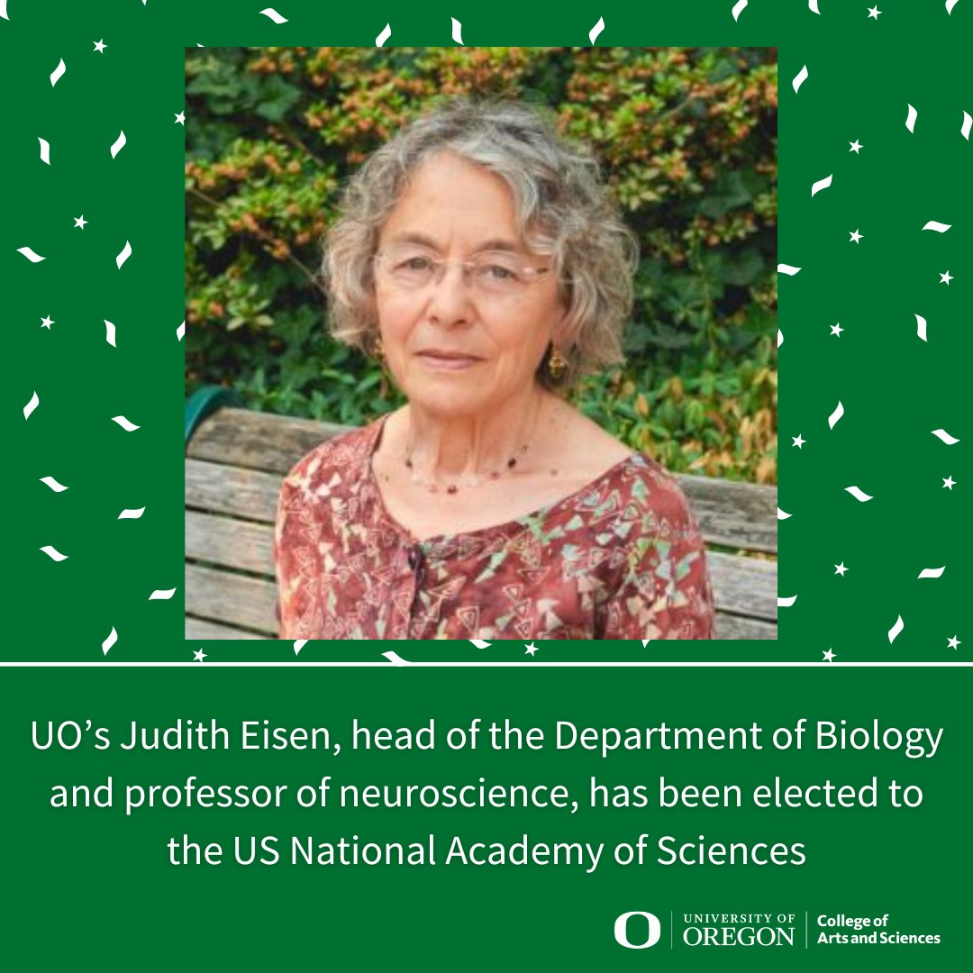 Congratulations to UO's Judith Eisen on being elected to the US National Academy of Sciences! Eisen, a founder and leader in the use of zebrafish as a model organism, was elected for her distinguished achievements in original research. #UOCAS