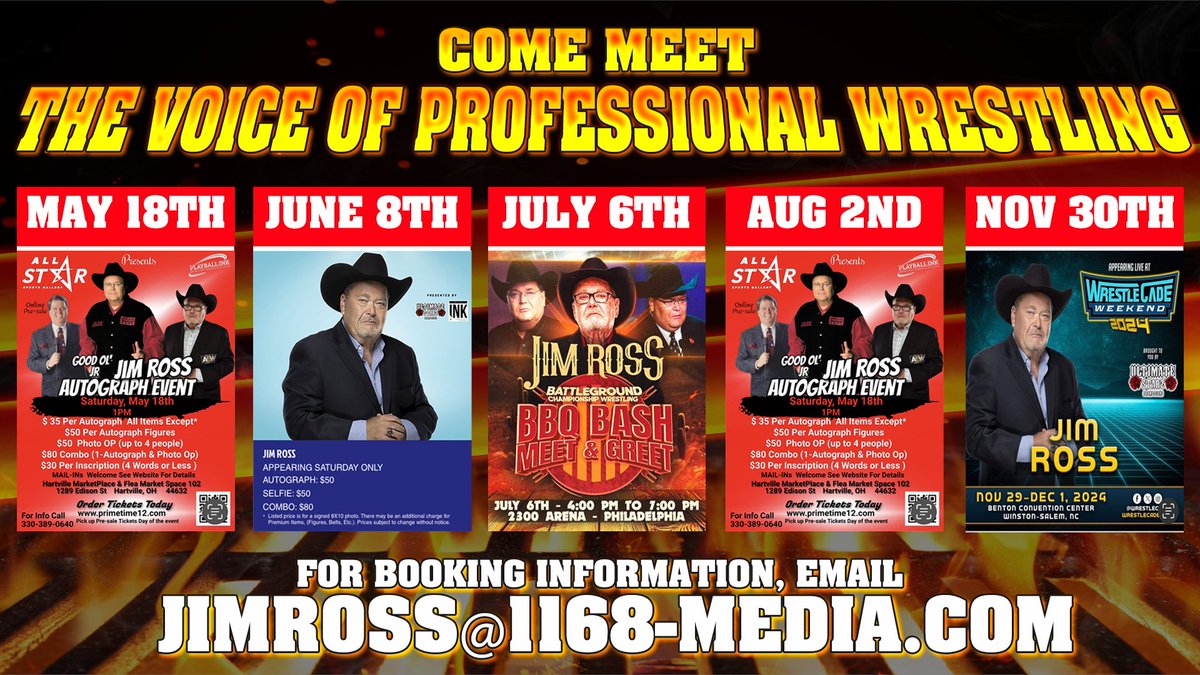 I will be making appearances below as you can see and you can also email for booking information at JimRoss@1168-media.com Make sure you head over to JRBook50.com to get your book in time for these appearances. Stay tuned for news on autographed books 🤠
