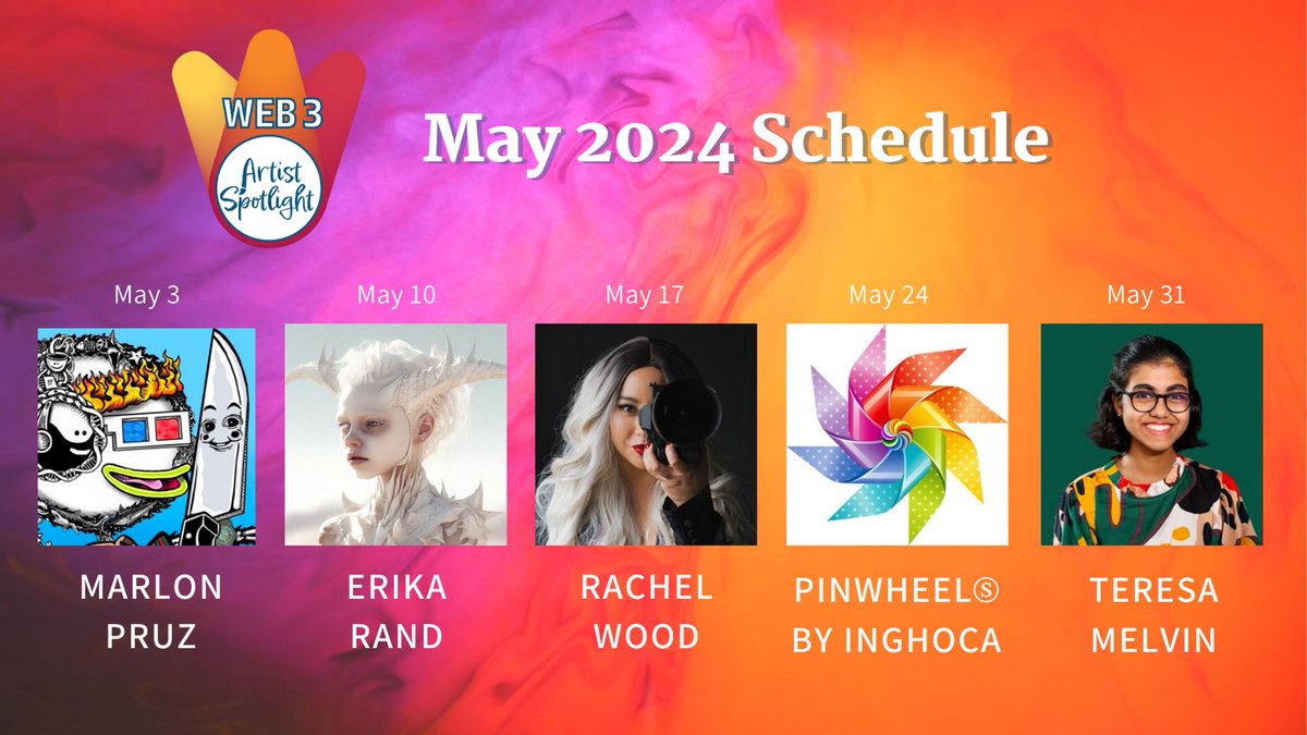 🚨 May 2024 Web 3 Artist Spotlights 🚨 I'm thrilled to announce the amazing artists @Jeni_Pepen and I have planned for May!!! 🔥🔥🔥 May 3 @MarlonPruz May 10 @erikarand May 17 @RachelSTWood May 24 @pinwheelinghoca May 31 @TeresaMelvinart Spaces links 👇