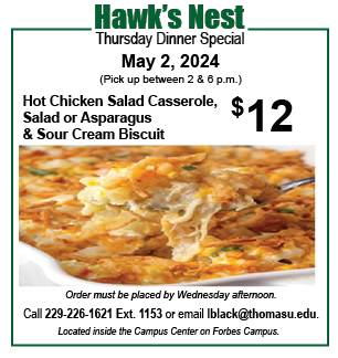 Finals week got you tied up! Let Hawk's Nest take care of that busy Thursday dinner for you and the family! Open to the public. Entrée and side for $12. Call or email orders by Wednesday afternoon. #TUHawksNest #DinneratHawksNest