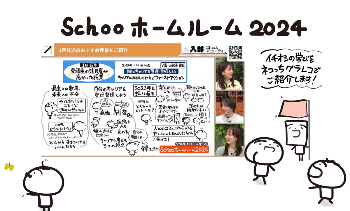 毎月恒例『成果にコミットするSchooホームルーム2024』公式書記で授業づくりに参加しています。人気の授業や今学びたい旬の授業をネコっちグラレコで楽しくご紹介しています。
#Schoo #グラレコ
schoo.jp/course/7949