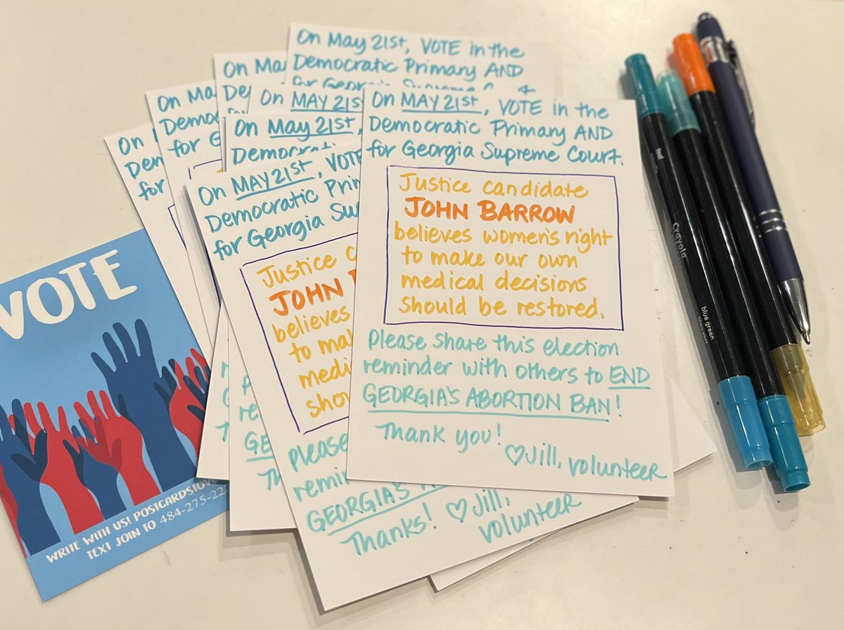 Copying yesterday’s design while watching baseball on TV, #PostcardsToVoters headed to GA for an important supreme court seat during their primary election on May 21! Let’s remind fellow Dems to vote for John Barrow! You can Join us! Postcardstovoters.org