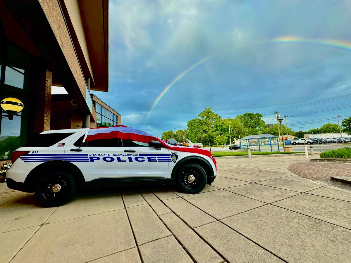 Sometimes, a picture speaks a thousand words. A rainbow could be seen over the cruiser of the fallen @CMPD officer Joshua Eyer after he lost his life in an east Charlotte ambush on Monday. 🌈💙