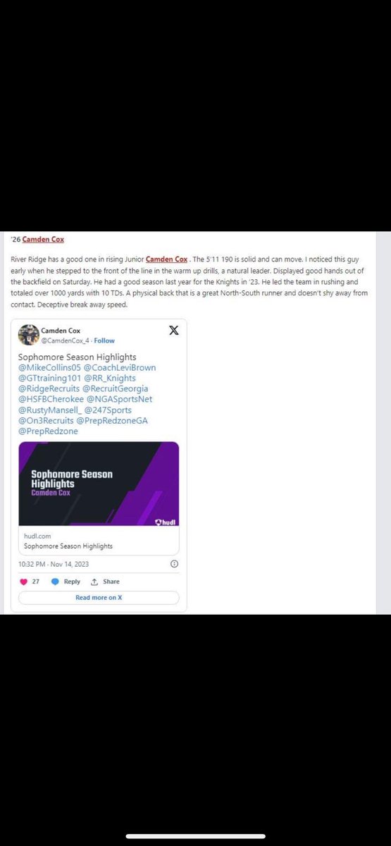 Camden Cox (@camdencox_4) on Twitter photo Thank you for the write up ! <a href="/PrepRedzoneGA/">Prep Redzone Georgia</a>
<a href="/MikeCollins05/">Coach Collins</a>
<a href="/RR_Knights/">River Ridge Football</a>
<a href="/RidgeRecruits/">River Ridge Football Recruits</a> Thank you for the write up ! <a href="/PrepRedzoneGA/">Prep Redzone Georgia</a>
<a href="/MikeCollins05/">Coach Collins</a>
<a href="/RR_Knights/">River Ridge Football</a>
<a href="/RidgeRecruits/">River Ridge Football Recruits</a>