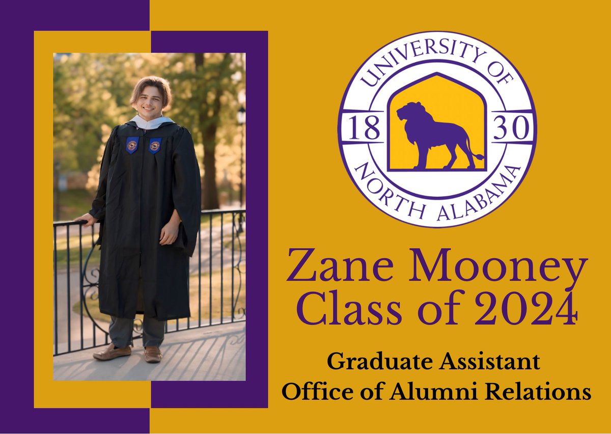 🎓 Congratulations to Zane Mooney, Graduate Assistant (GA) for Alumni Relations, gearing up to graduate from UNA during commencement weekend May 10-11! Celebrate with us! 🎉#RoarLions #AlumniNews ✨