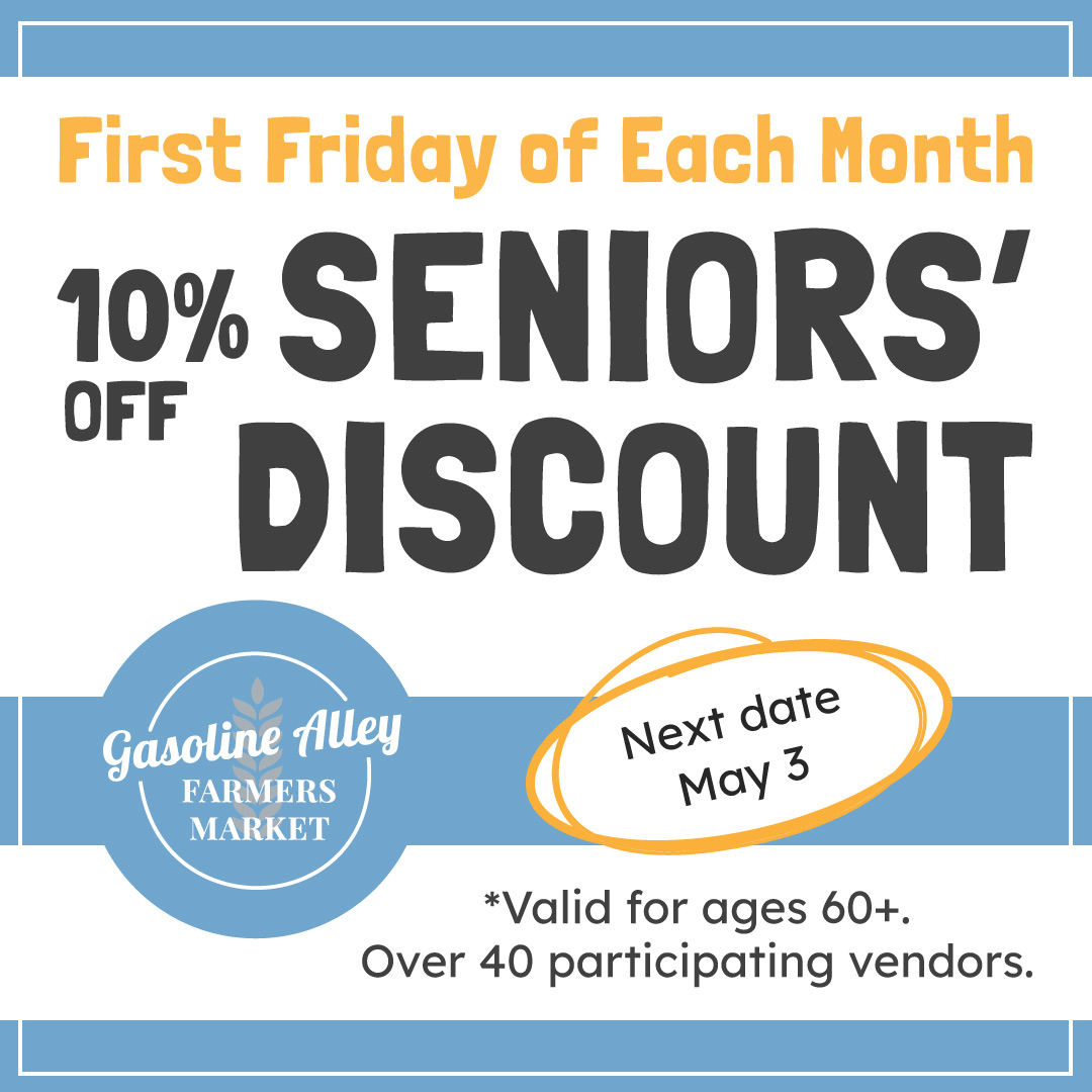 It's backkkk! Seniors' Discount Day is on Friday, May 3. Get your 10% discount on produce 🥬, meat 🥩, baked goods 🍞, and so much more at the market this Friday!