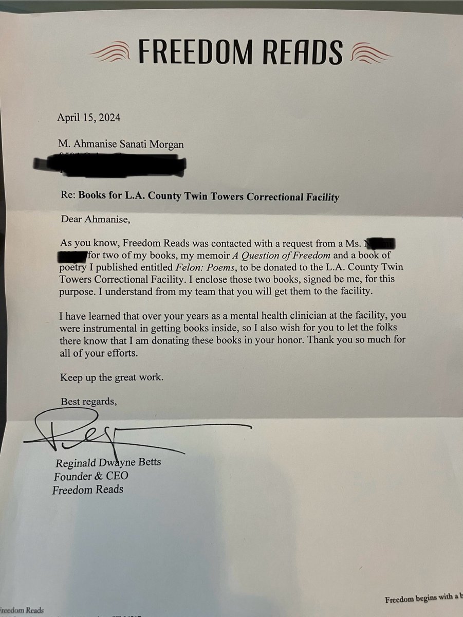 Freedom Reads is the transformative organization referenced in @eedugdale’s story @LAist about my efforts to build a library in the LA County Jail. To receive this today is priceless. Thank you, Reginald. I look forward to continuing this work in YOUR honor. @million_book