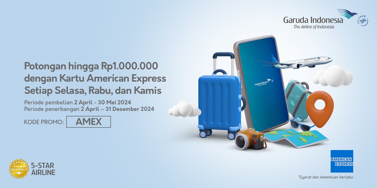 Hemat lebih banyak saat terbang dengan American Express, dan dapatkan siskon hingga Rp1.000.000! Gunakan kode promo AMEX saat membeli tiket melalui website Garuda Indonesia dan aplikasi FlyGaruda. Info lengkap: garuda-indonesia.com/id/id/special-… #GarudaIndonesia #BecauseYouMatter