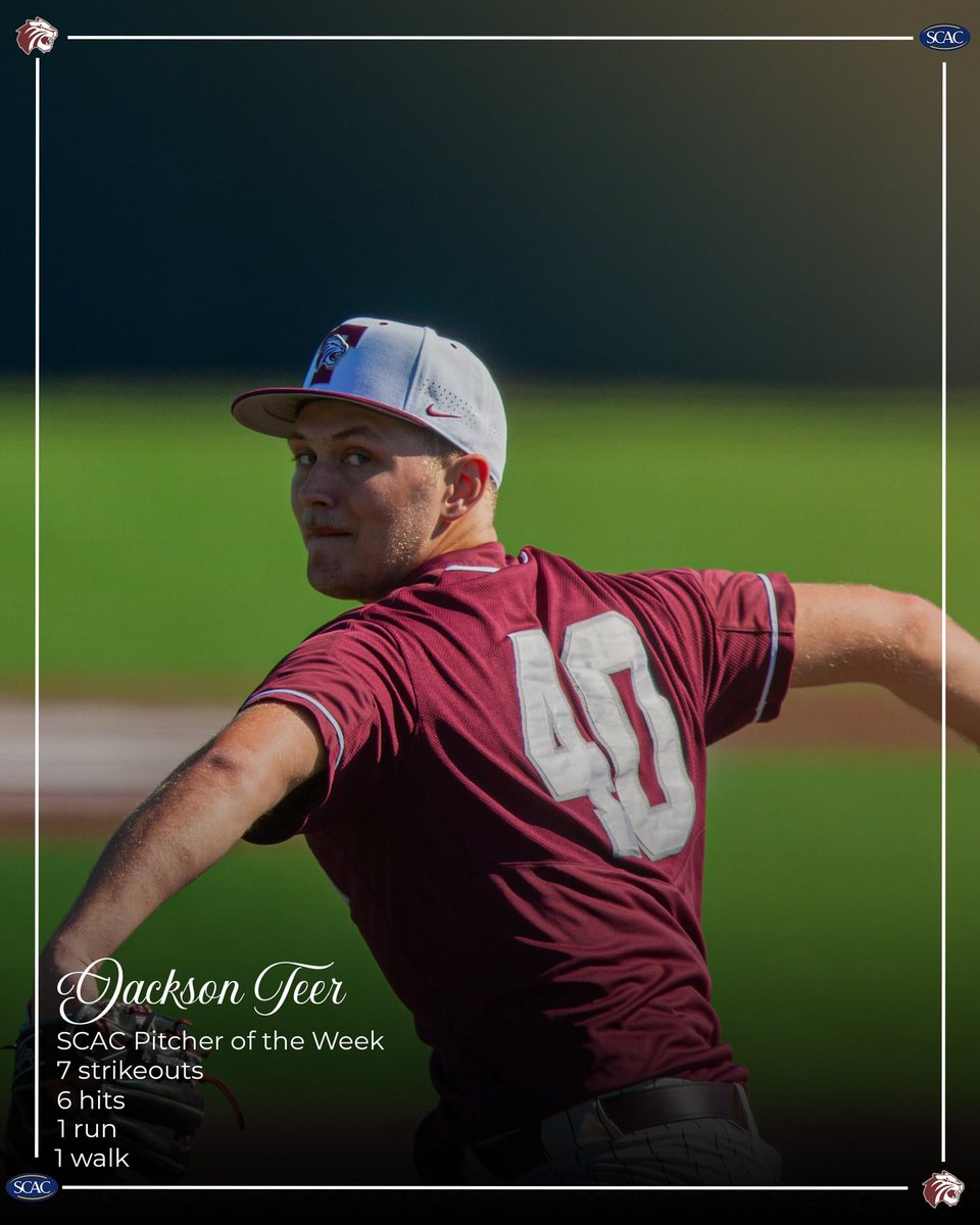 Jackson Teer picks up another SCAC Pitcher of the Week award for his performance last weekend in Shreveport. #tigerpride