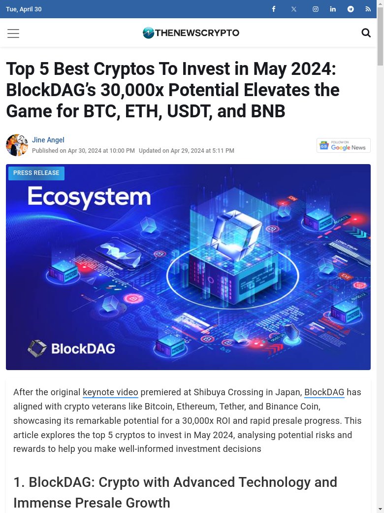 BREAKING NEWS :  BlockDAGs potential may elevate the game for BTC, ETH, USDT, and BNB. cryptoeco.net/tw/a915.html  #Bitcoin #Ethereum #CryptoInvesting'