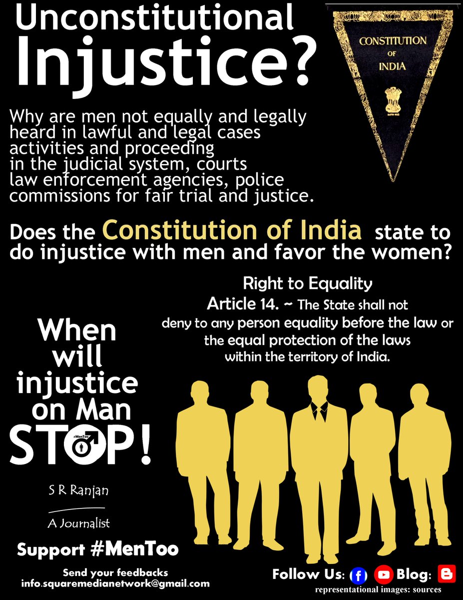 #MenToo~Does the Constitution of India state to do injustice with men.Why no National Commission for Men?
#justice #laws #man #constitution #NHRC #courts #matrimonial #ministry #government #police #CJI #PM #HM #SC #HC #LC #NCPCR #CAW #NCW #world #india
*F: facebook.com/MenToo4Justice/