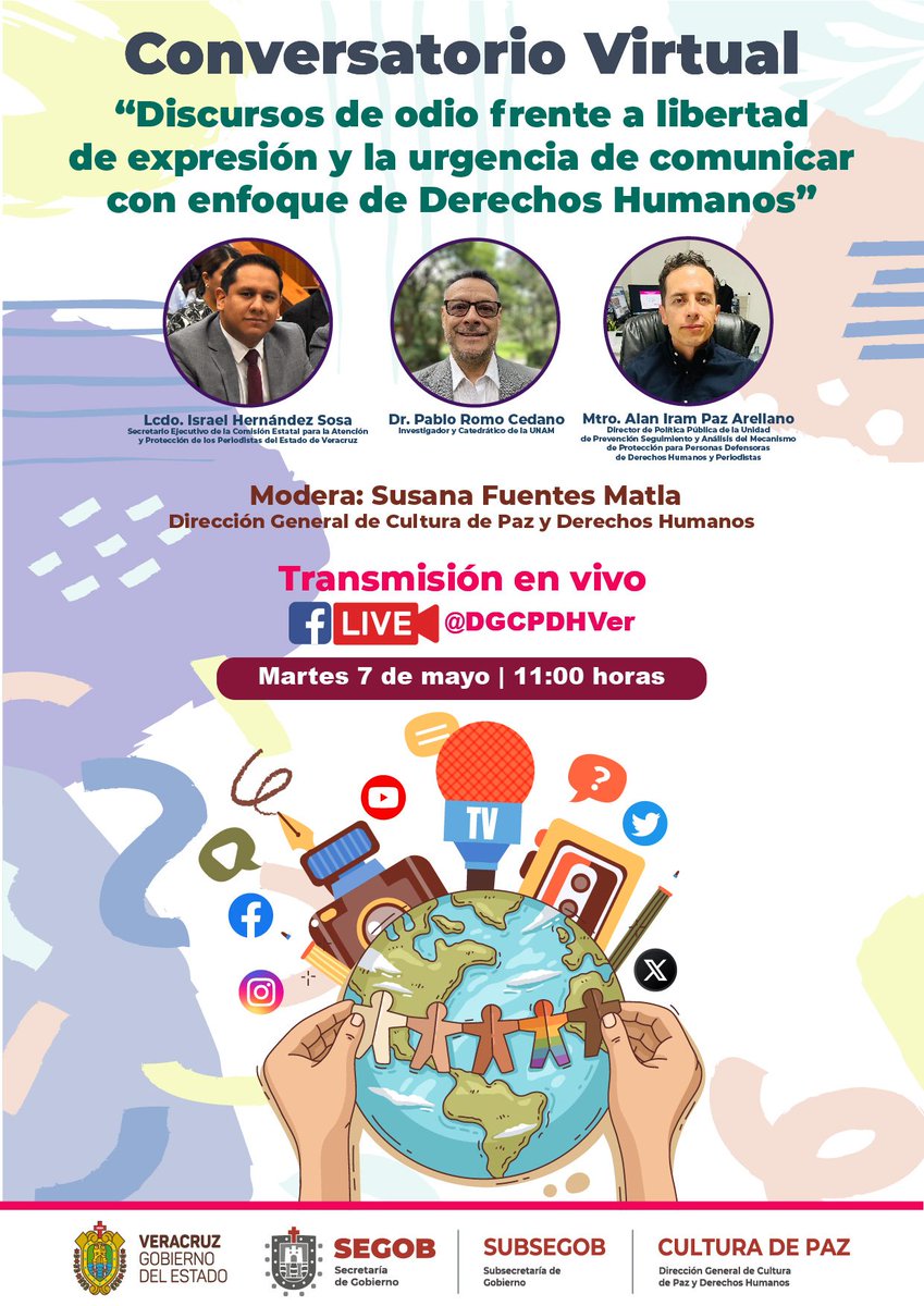 CEAPP_V's tweet photo. La #CEAPP invita a las y los comunicadores veracruzanos, y público en general a sintonizar el próximo 07 de mayo, en punto de las 11 horas, por 💻 transmisión en vivo a través de #FacebookLive @DGCPDHVer el siguiente Conversatorio Virtual. 🕊️
#UNAM #SEGOB #PazyDerechosHumano https://t.co/O3psqnJz7V