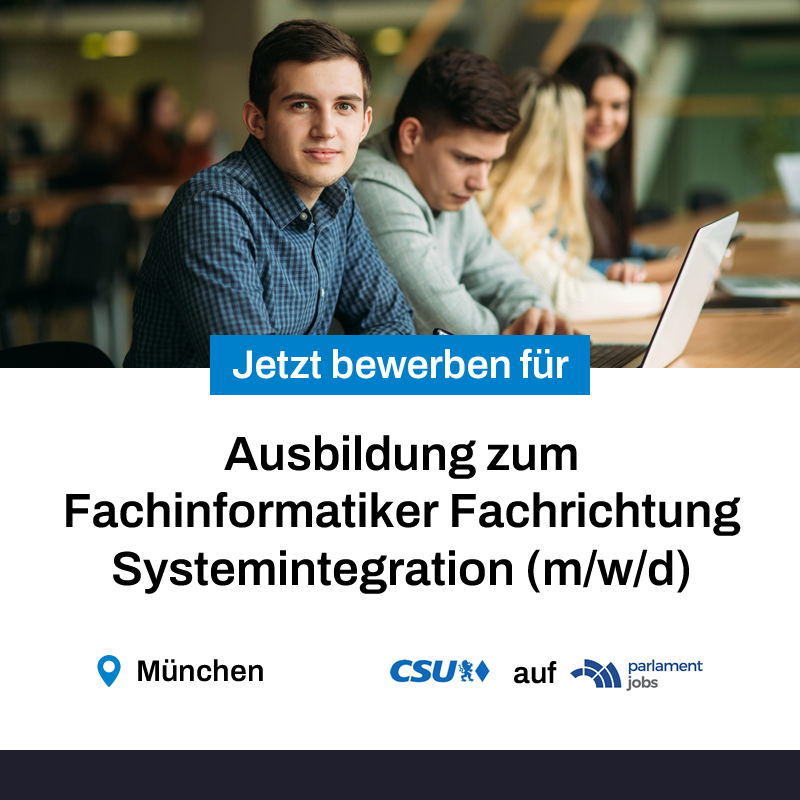 Die Christlich-Soziale Union in Bayern e.V. @CSU  sucht einen Auszubildenden (m/w/d) zum Fachinformatiker für Systemintegration:

parlamentjobs.de/job/ausbildung…

#CSU #Ausbildung #Fachinformatik #München #Stellenanzeige