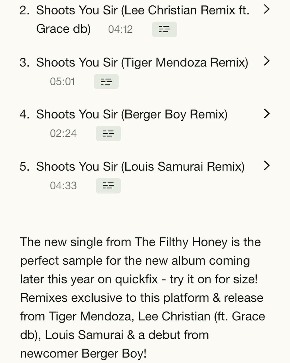 Check out the #bandcamp version of @thefilthyhoney single Shoots You Sir for exclusive #remixes by @tigermendoza @Veeizm2000 @leechristian69 ft @grizzlefizzle89 & debut of Berger Boy aka pat @_smilex_ 🔥🎶👍 quickfixrecordings.bandcamp.com #NewMusic2024 #NewMusic #NewMusicAlert #remix