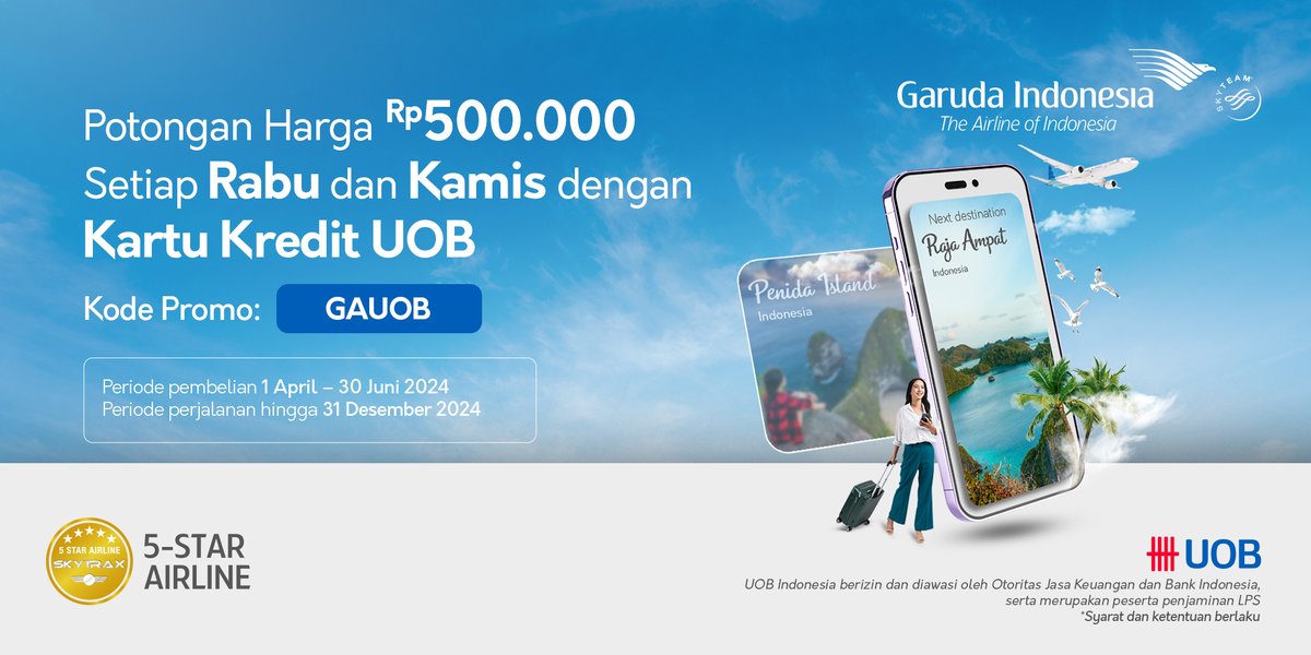 Saatnya Terbang bersama Garuda Indonesia setiap hari Rabu & Kamis lebih hemat hingga Rp500.000 dengan UOB! Promo ini berlaku untuk pembelian tiket melalui Website Garuda Indonesia dan Aplikasi FlyGaruda dengan menggunakan kode promo GAUOB. Info lengkap: garuda-indonesia.com/id/id/special-…