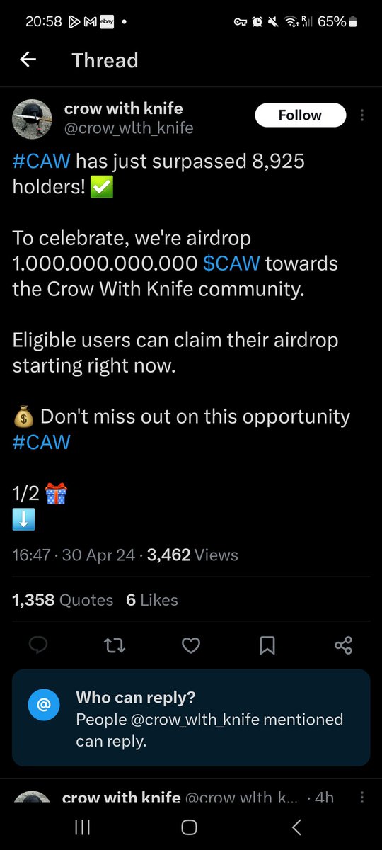 🚨 You know a token is doing well when the #scams start!!! 😂

#CrowWithKnife is flying high, so the #scammers emerged 🙄

There is no $CAW  #Airdrop, read the handle carefully @crow_wlth_knife can you see the l in this #scam account 🙄

Only trust @crow_with_knife 

#ScamAlert