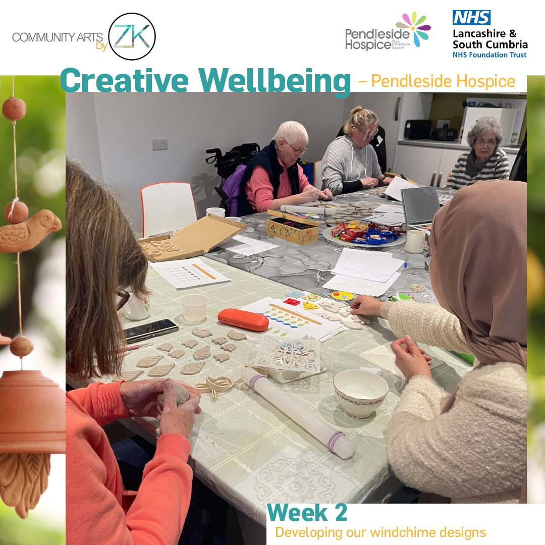 For their windchimes, participants sketched the assembly of their final piece and planed its final execution. @BPRCVS @fhwbconsortium @WeAreLSCFT @pendlesidehosp #pendlesidehospice #communityartsbyzk #art #creative #collaboration #communityarts #workshop #clayart #windchimes