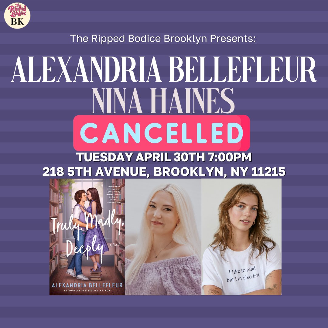 Unfortunately, tonight's Brooklyn event with Alexandria Bellefleur is canceled. 

We've emailed attendees about options to get a signed book or a refund. 

Questions? Email events@therippedbodice.com.

All online pre-orders will be fulfilled.
⁠
@a.m.bellefleur #TheRippedBodiceBK