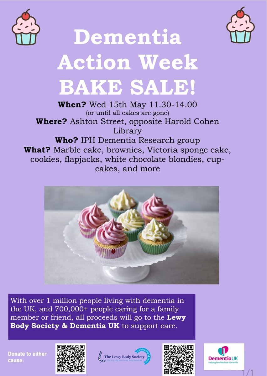 Enjoy cake🧁? Want to support a good cause? Find us at the @LivUni gazebos on campus outside the Harold Cohen Library on the 15th of May and get your hands on some freshly baked cakes from the @LivUniIPH Dementia Research Group! Or donate here 👇🏼 justgiving.com/page/clarissa-…