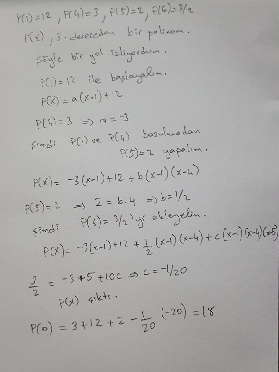 Lagrange'ı görmeden çok evvel şöyle bir metot bulmuştum.  Adına da 'İlerleme metodu' demiştim. Niye bu ismi verdiğimi çözümü görünce fark edeceksinizdir. Böyle bir metot gören var mı?  n+1 farklı noktada değeri bilinen n. dereceden bir polinom bu metot ile rahatlıkla bulunabilir.