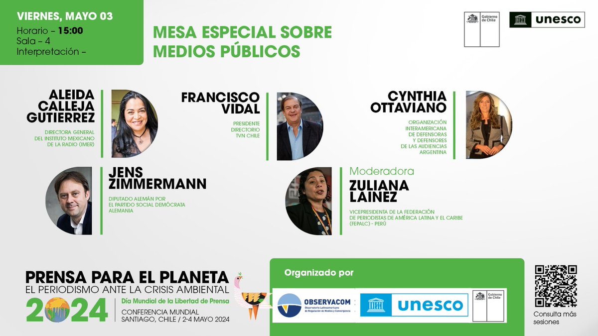 ¡Únete este viernes 3 de mayo a la 31ª Conferencia del Día Mundial de la Libertad de Prensa en Chile! 🌎📰 Te invitamos a la Mesa redonda especial sobre 'Medios de Comunicación Públicos' a las 15h en la Sala 4 de @centroGAM. Contará con destacados panelistas👇 #LibertadDePrensa