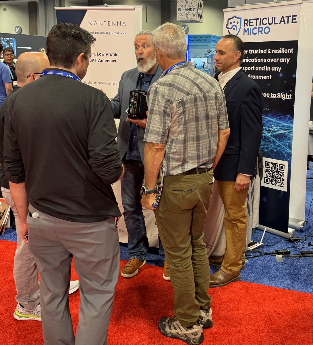 Our EVP of Sales Paul Scardino, (far right) on day one of @ModernDayMarine in Washington, D.C., where we are jointly exhibiting with @nantenna_rf at Booth #525 hosted by Phase II. Stop by to learn more about our #VALOR ultra-low power #ESA line, our #VAST #video compression…