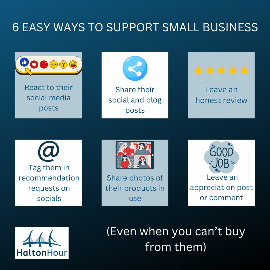 🌟6 Easy ways to support a #smallbiz 1 react to their posts 2 share their stuff 3 leave a review 4 tag them in recommendations 5 share photos 6 give an appreciation shout out Go on - who will you support? #Haltonhour