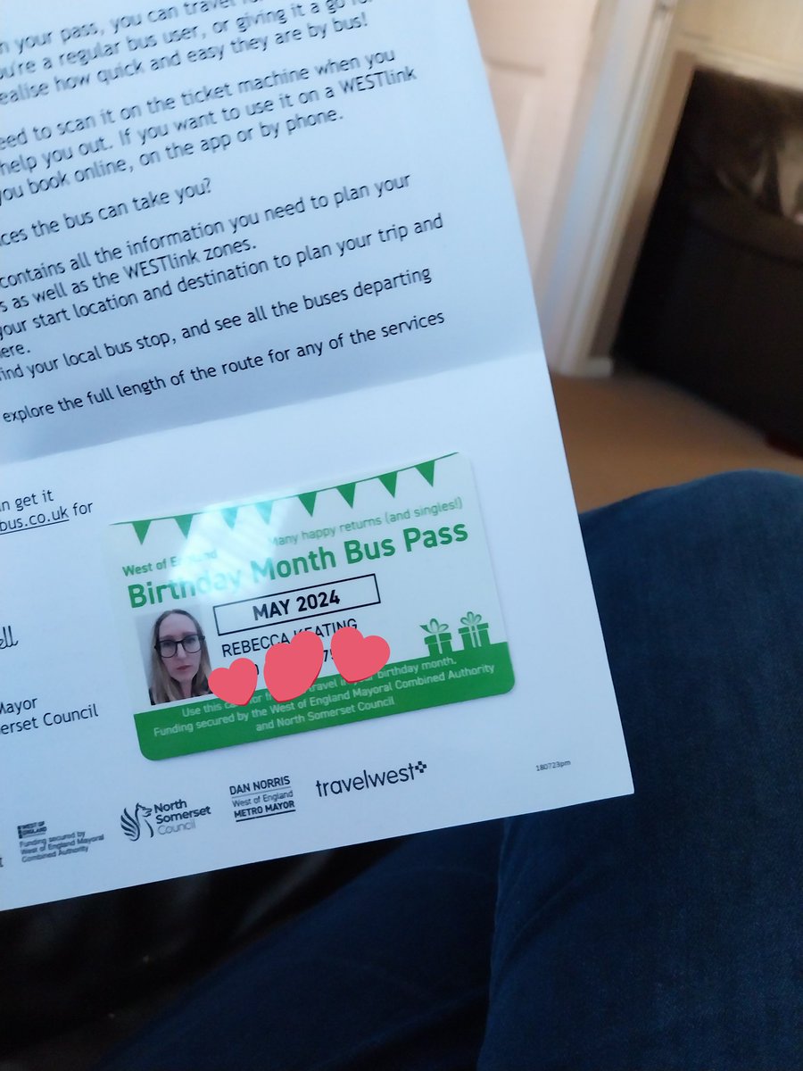 Thanks @NorthSomersetC for my birthday month bus pass! I'm looking forward to trying out public transport instead of my car where I can...Great initiative to help residents build new active travel habits & routines, good for planet 🌏 what's not to love 💖 #NorthSomerset