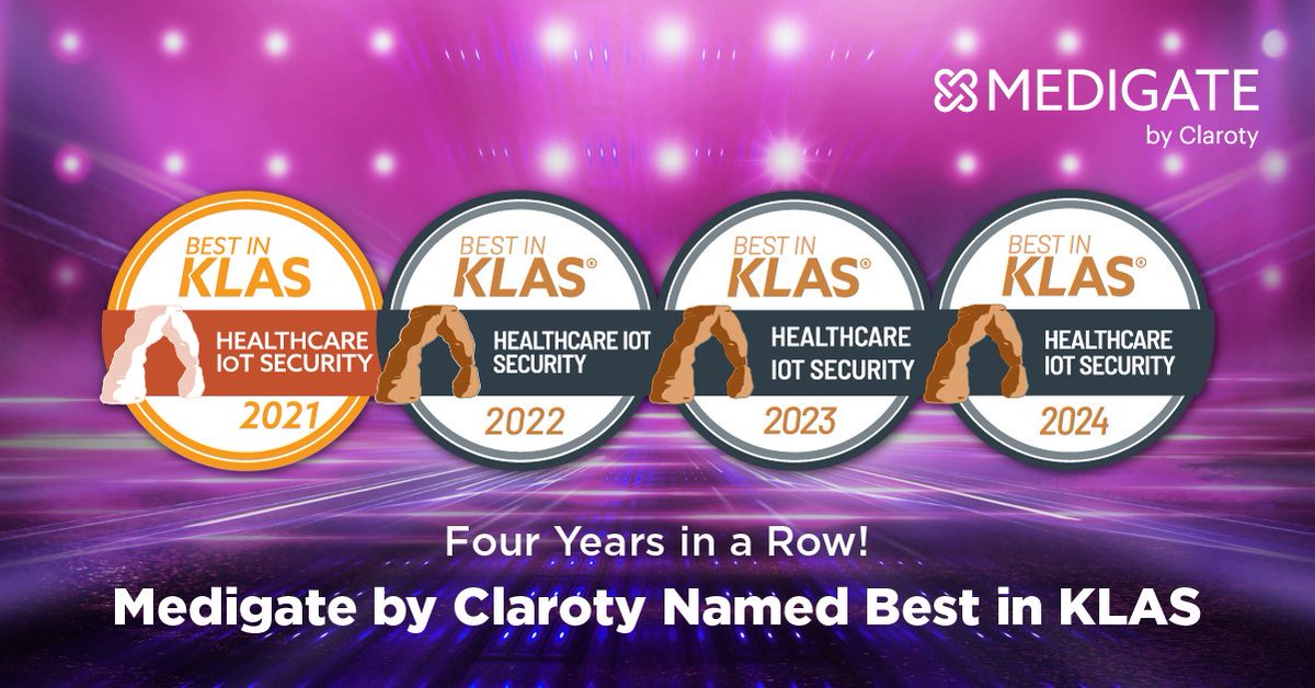 Medigate by @Claroty has achieved the incredible milestone of being named #BestInKLAS in Healthcare IoT Security by @KLASResearch for four consecutive years. We're proud of this extraordinary accomplishment! hubs.li/Q02vsLbT0 #BestinKLAS #BestinKLASAwards #BIK2024 #BIK24