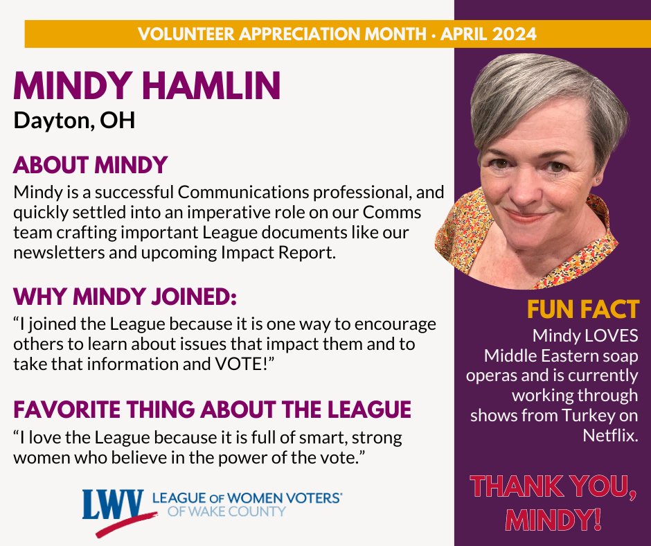 We're wrapping up Volunteer Appreciation Month with a huge shoutout to Mindy Hamlin for her contributions to our communications efforts! Her energy & talent have helped us connect with our community in new ways, furthering our mission to defend democracy. Thank you, Mindy!