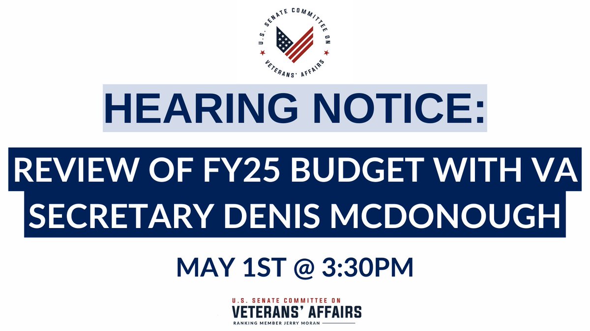 TOMORROW: The Senate VA Committee will hear from @SecVetAffairs regarding the VA’s FY25 budget request and advanced appropriations for FY26. Watch live here: veterans.senate.gov