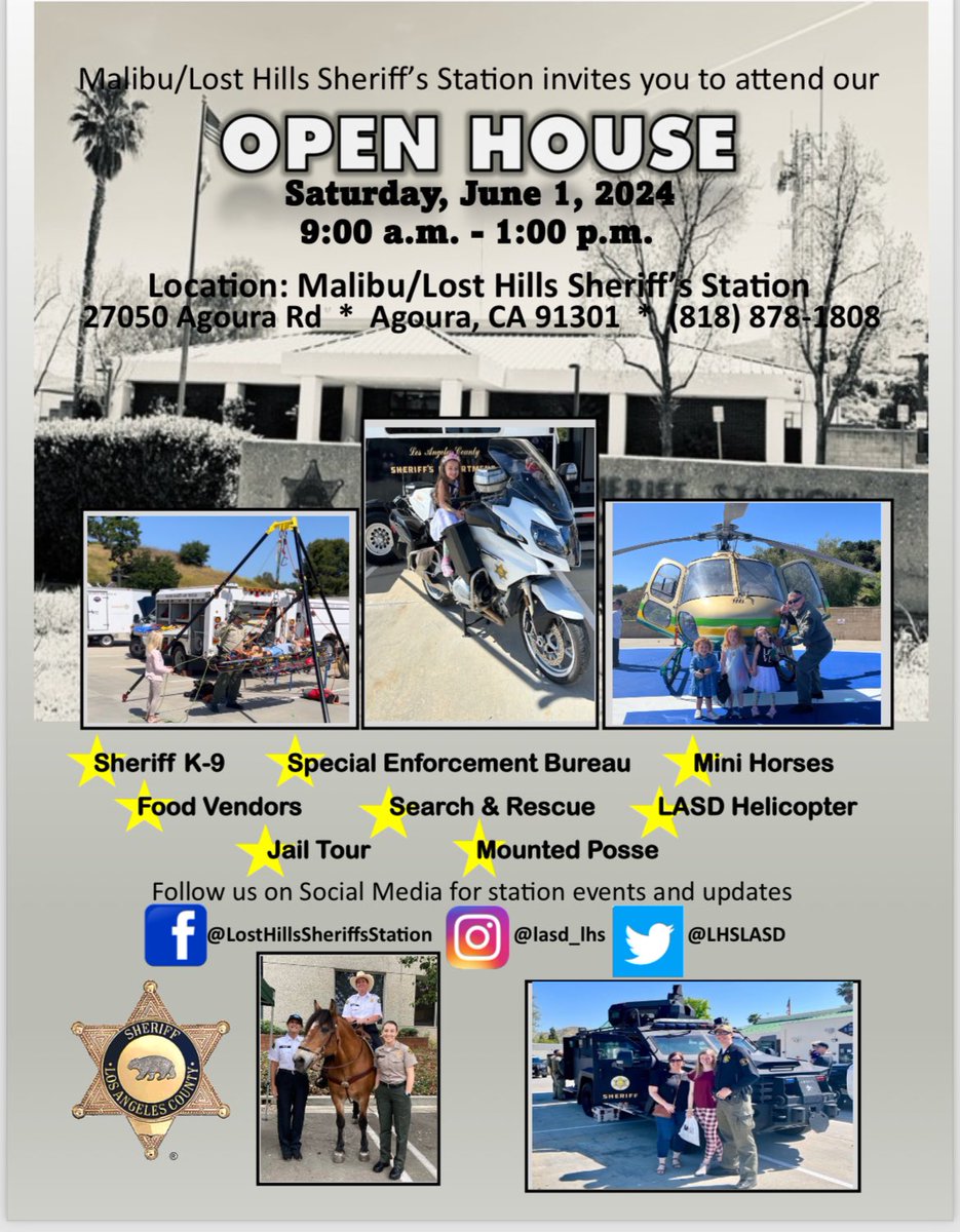 Join us 6/1/24, @LHSLASD Open House. Get to know your local law enforcement family. There will be fun for the whole family, with interactive activities from LASD Areo Bureau, Special Enforcement Bureau, Search & Rescue, Mounted Posse & more. We look forward to seeing you there!