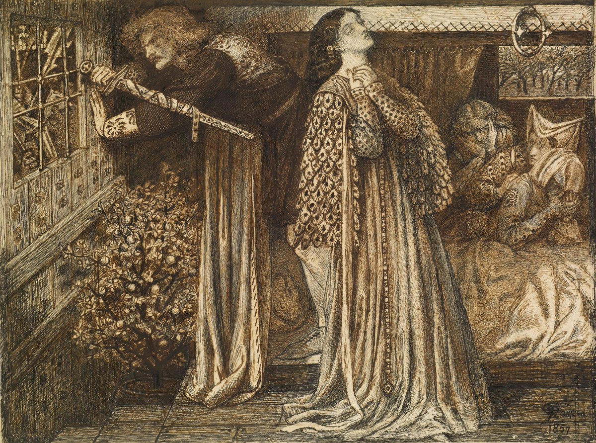 Sir Launcelot in the Queen's Chamber by Dante Gabriel Rossetti. Better than any Netflix drama!