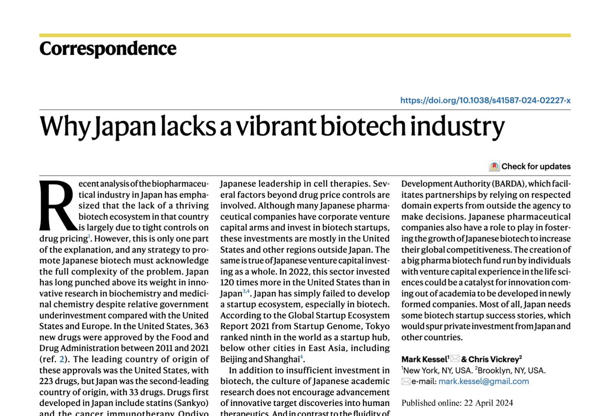 In addition to insufficient investment in biotech, the culture of Japanese academic research does not encourage advancement of innovative target discoveries into human therapeutics go.nature.com/3Uszt0R rdcu.be/dFpyV
