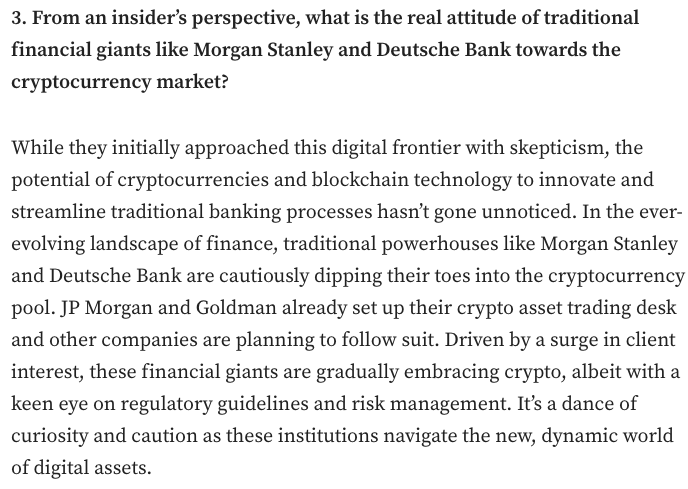 I come from a traditional finance background, so it was a pleasure to speak with @WuBlockchain on my personal opinion regarding the attitude of traditional financial giants like @MorganStanley and @DeutscheBank towards the cryptocurrency market.

Catch the full interview