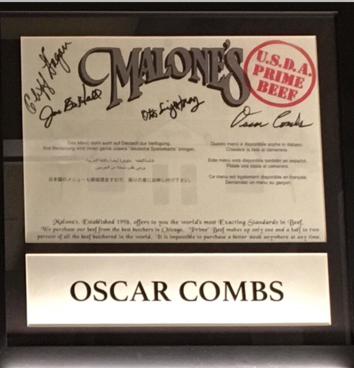 Story Behind The Plaque: If you’ve ever dined at Malone’s in Lexington, you’ll see a multitude of plaques autographed by famous sports personalities on the walls. Just a few weeks prior to passing of President Otis Singletary in 2003, I had pleasure of inviting these 3 to lunch.