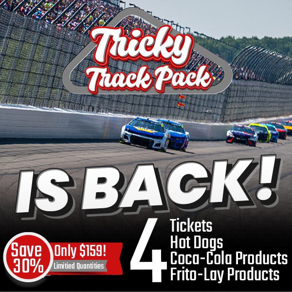 ICYMI: Our Tricky Track Pack deal is back! This is one of our most popular #NASCAR ticket packages. 4⃣ 100 Level Sunday Tickets 4⃣ Hot Dogs 4⃣ Coca-Cola Products 4️⃣ Frito-Lay Products Only $159 - A 30% Savings Buy Now: bit.ly/TrickyTrackPack