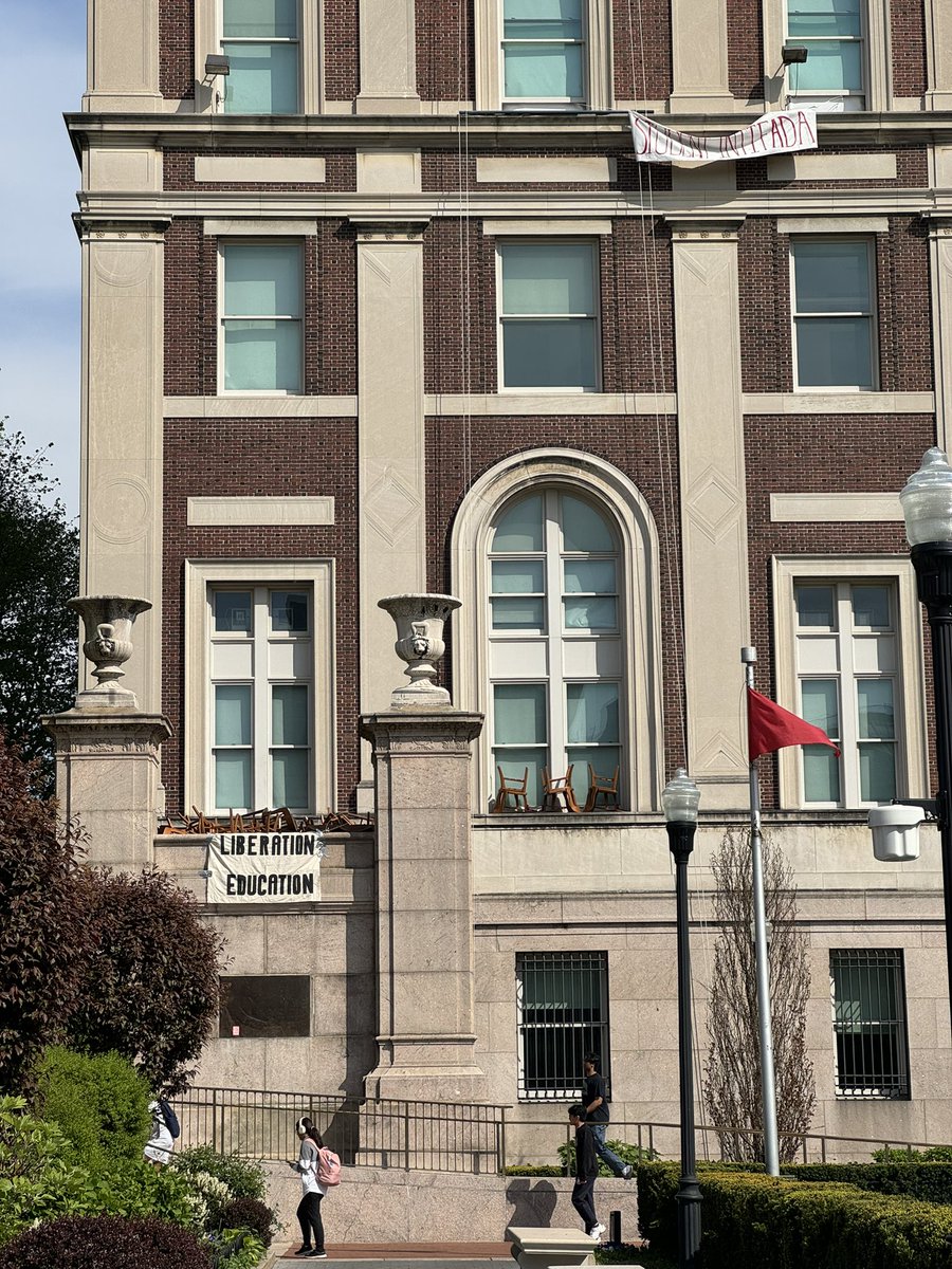 Banners hang outside Hamilton Hall: STUDENT INTIFADA LIBERATION EDUCATION